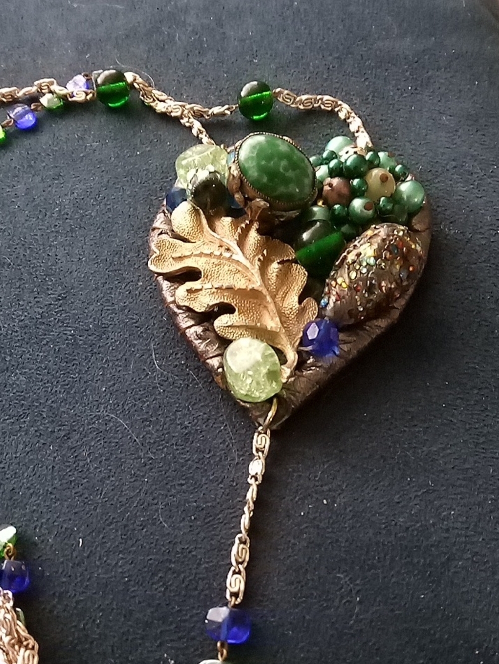 Green Beaded Heart Pendant Necklace with Leaf Accent